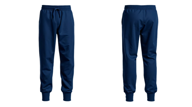 Navy blue sweatpants in front and back view, mockup isolated on transparent background