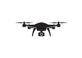 Isolated black drone silhouette with camera on a white background in simple style