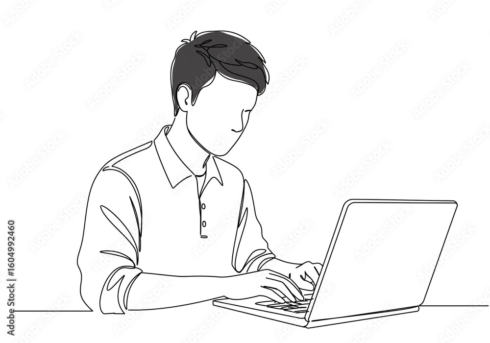 Poster continuous line drawing of a man using a laptop computer at a desk on white background