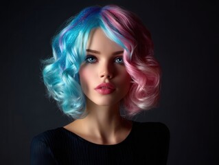 Fototapeta premium A young woman with a blue and pink ombre bob, featuring a galaxy painted on her head. Sparkling light creates a celestial effect against a black backdrop, perfect for a beauty magazine cover.