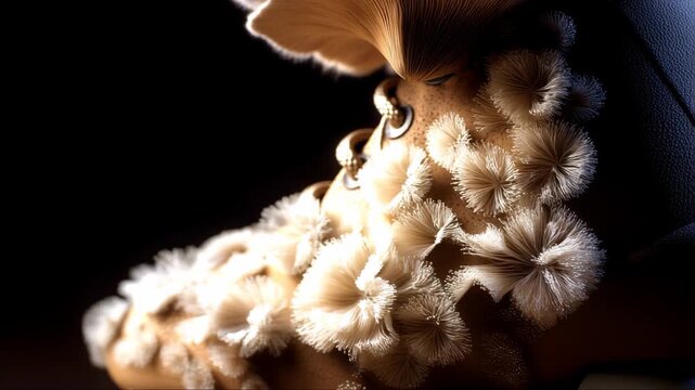 Unique footwear adorned with natural elements captured in an artistic display