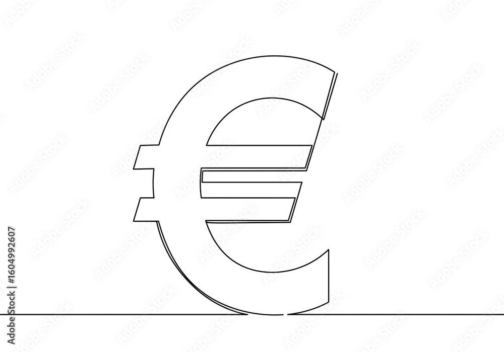 Poster a continuous line drawing of a euro symbol on a white background in simple style
