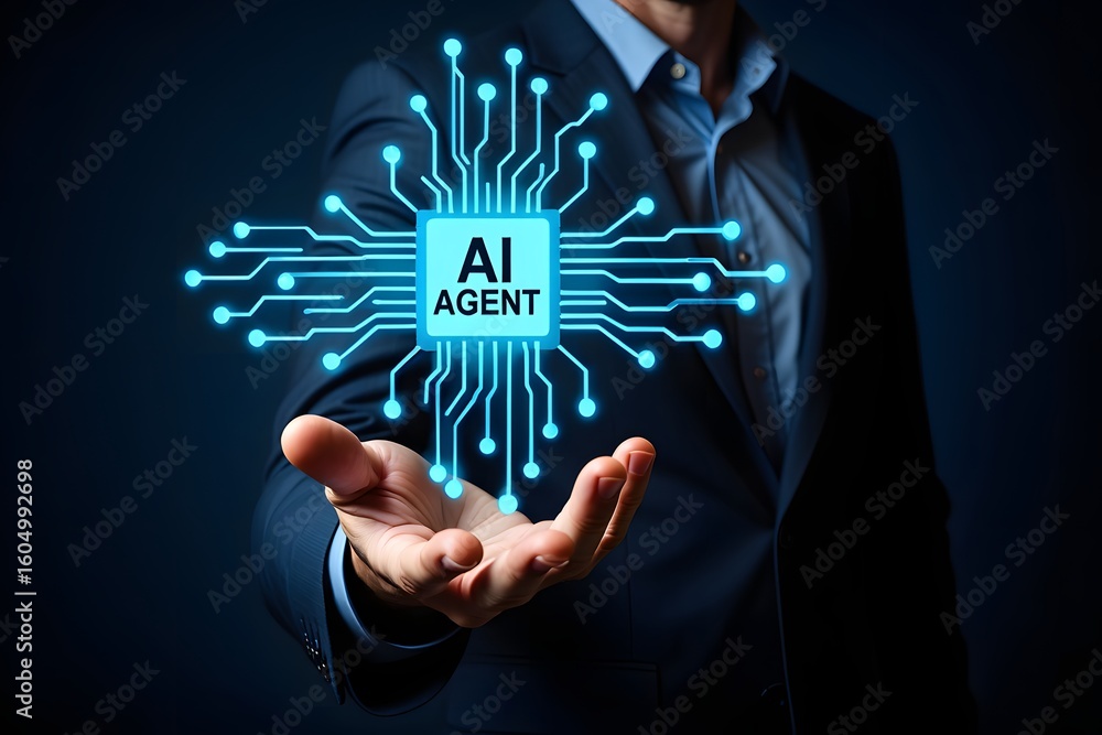 Poster multi agent ai systems, businessman holding ai agents, ai driven solutions streamline workflows, dec