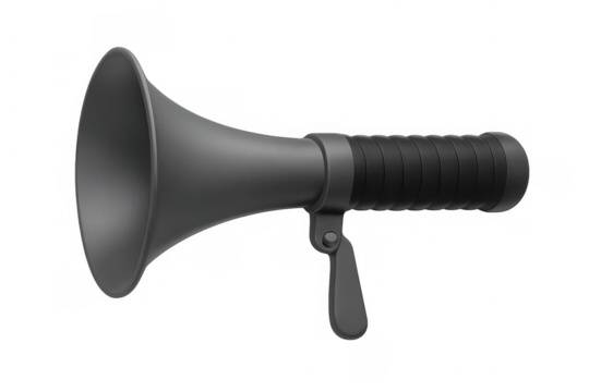 Gray vintage megaphone broadcasting audio signal, 3d rendering standing against transparent backdrop, amplifying communication