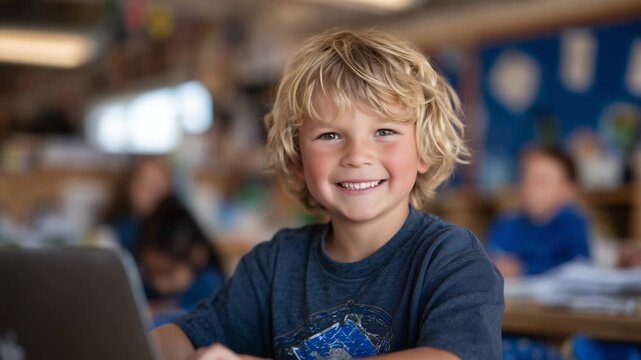 A vibrant classroom showcases student artwork as children engage with educational games on laptops, fostering a joyful learning environment.