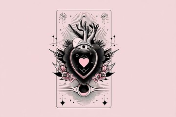 A mystical heart tarot card illustration, featuring celestial elements and cosmic symbols, set against a soft pastel pink background.