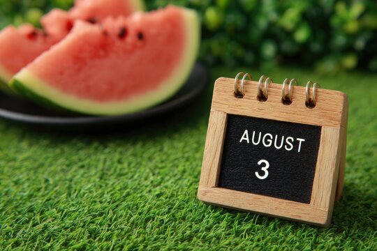 Calendar showing August 3rd next to watermelon slices on grass