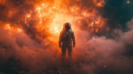 Astronaut amidst fiery cosmic clouds