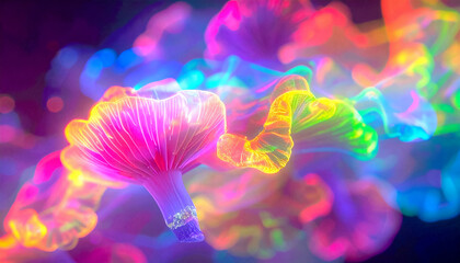 Complex connections of hallucinogenic mushroom mycelium intertwined with neural networks, with glowing lines and nodes in shades of blue, purple and neon green in a flow of signals and substances
