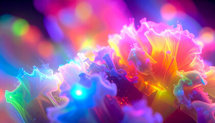 Complex connections of hallucinogenic mushroom mycelium intertwined with neural networks, with glowing lines and nodes in shades of blue, purple and neon green in a flow of signals and substances