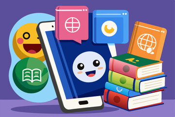 Smartfon z aplikacjami edukacyjnymi obok stosu książek, koncepcja nowoczesnej nauki online.