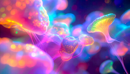 Complex connections of hallucinogenic mushroom mycelium intertwined with neural networks, with glowing lines and nodes in shades of blue, purple and neon green in a flow of signals and substances
