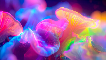 Complex connections of hallucinogenic mushroom mycelium intertwined with neural networks, with glowing lines and nodes in shades of blue, purple and neon green in a flow of signals and substances