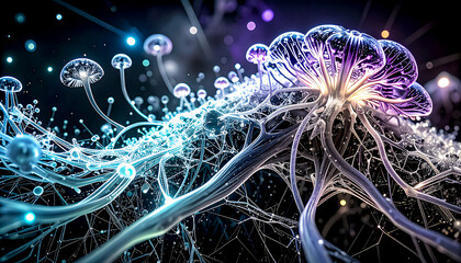 Complex connections of hallucinogenic mushroom mycelium intertwined with neural networks, with glowing lines and nodes in shades of blue, purple and neon green in a flow of signals and substances
