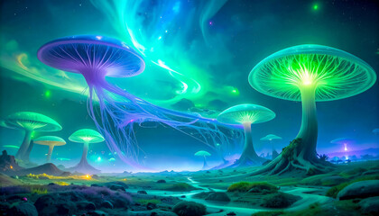 Complex connections of hallucinogenic mushroom mycelium intertwined with neural networks, with glowing lines and nodes in shades of blue, purple and neon green in a flow of signals and substances