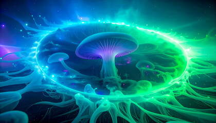 Complex connections of hallucinogenic mushroom mycelium intertwined with neural networks, with glowing lines and nodes in shades of blue, purple and neon green in a flow of signals and substances