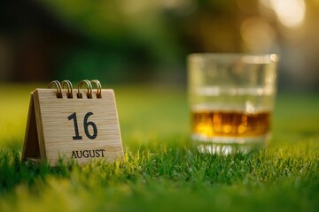 Desk calendar on grass reads August 16th blurry glass is behind it