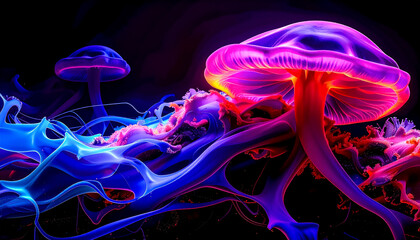 Complex connections of hallucinogenic mushroom mycelium intertwined with neural networks, with glowing lines and nodes in shades of blue, purple and neon green in a flow of signals and substances