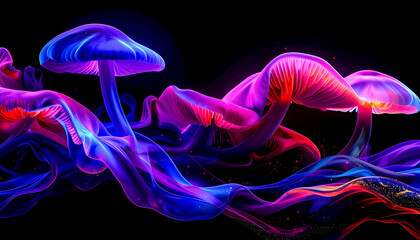 Complex connections of hallucinogenic mushroom mycelium intertwined with neural networks, with glowing lines and nodes in shades of blue, purple and neon green in a flow of signals and substances