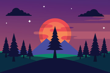 Stylized illustration of a sunset over mountains with silhouetted evergreen trees.