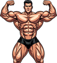 bodybuilder flexing biceps, cartoon vector illustration. Strong man character for fitness and gym design.