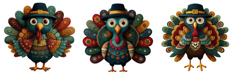 Obraz premium Three cartoon turkeys in hats and vests with colorful feathers for thanksgiving isolated on transparent background