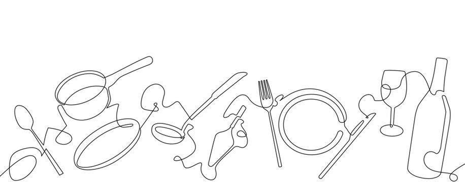 Cooking Pattern. Outline Cutlery Background. One Line Drawing of Isolated Kitchen Utensils. Restaurant Design Poster. Vector illustration.