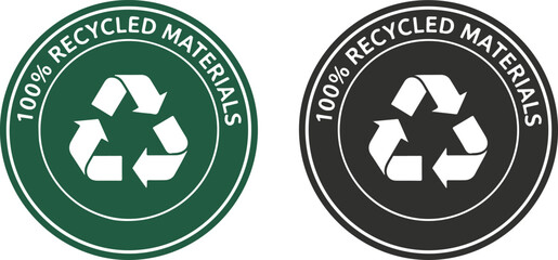 100% Recycled Materials signs in green and black isolated on white