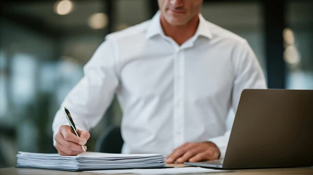 A male executive in a white shirt stamps approval on contracts, with a laptop and clipboard in a modern office setting.