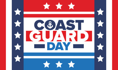 U.S. Coast Guard Day in United States. Federal holiday, celebrated annual in August 4. Sea style. Design with anchor and shield. Patriotic element. Poster, greeting card, banner and background