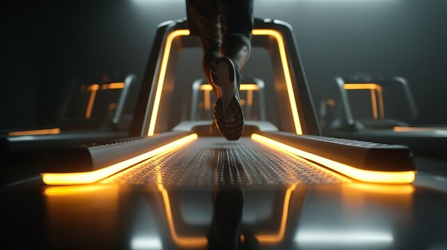 A person dynamically running on an illuminated treadmill, with lights reflecting off the sleek modern equipment.