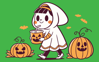 Cute ghost girl with pumpkin and drink halloween illustration
