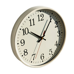 A classic round wall clock with black numbers and hands on a transparent background
