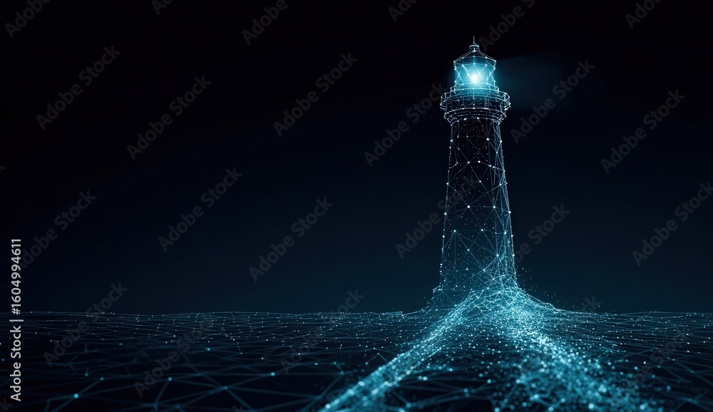 Poster an abstract lighthouse, aglow with blue light, uses glowing lines and dots on a dark backdrop, symbo