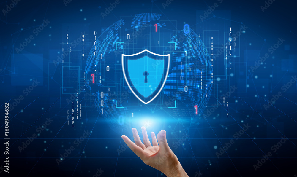 Poster cyber security protects against breaches, hacks, and network attacks using strong infrastructure and