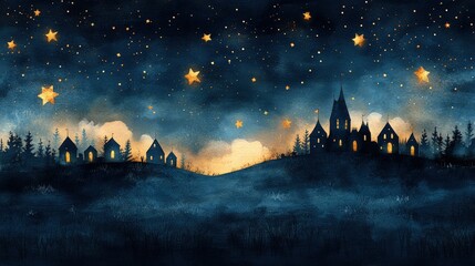 Nighttime village silhouettes under starry sky