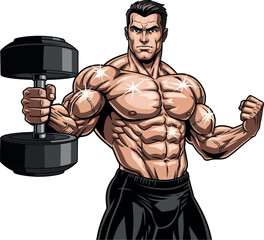bodybuilder character lifting a heavy dumbbell. Vector illustration for gym and fitness motivation.
