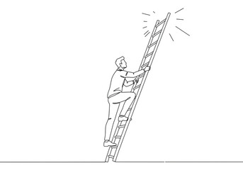 Line drawing of a man climbing a ladder towards a bright light at the top of the ladder