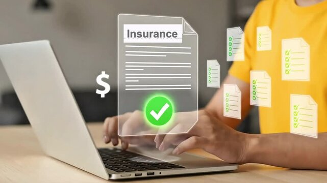 Person typing on a laptop with a holographic document displaying the word insurance and a dollar sign symbolizing financial security and protection