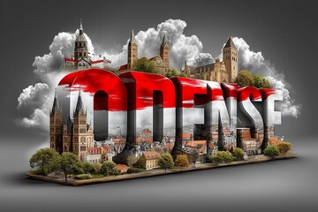 Odense city abstract skyline silhouette, with famous buildings and landmarks, and bold letters, in national Denmark colors, red and white, creating a lively and dynamic image.