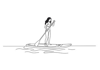 A woman in a swimsuit paddle boarding on water with a paddle in a line drawing style