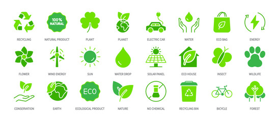 Ecology green icon set. Recycling, organic product, electric car, water, eco bag, solar panel, nature, environment, bicycle, forest, earth, planet, wind energy. Editable stroke. Vector illustration.