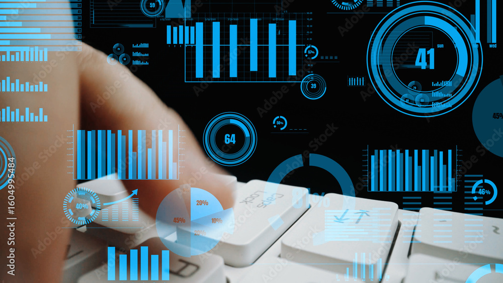 Poster a close-up view of a hand typing on a keyboard with a digital overlay of graphs and charts, illustra