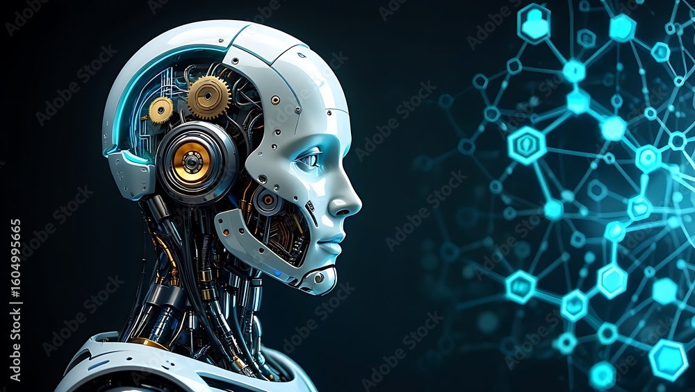 Aufkleber advanced ai robot head in profile with glowing digital network connections