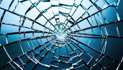 Obraz premium A shattered glass window with a diamond-shaped hole in the center. The broken glass is scattered all over the window, creating a sense of chaos and destruction