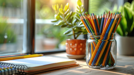 Colorful jar, notebooks and plants on desk by window – back to school and homework concept. AI generative model