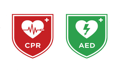 CPR and AED icons for first aid training on white background