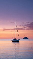 Naklejka premium Sailboat floating serenely on calm water, reflecting the warm hues of a vibrant sunset, with a picturesque island adding to the tranquil scene