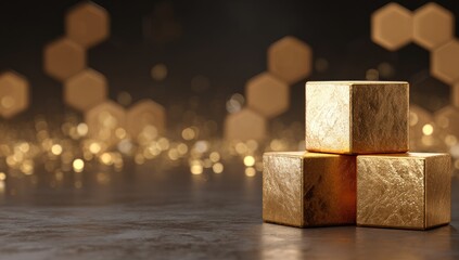 Three golden cubes on dark surface with hexagonal background