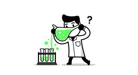 A cartoon scientist pours a green liquid into test tubes, expressing curiosity and wonder.